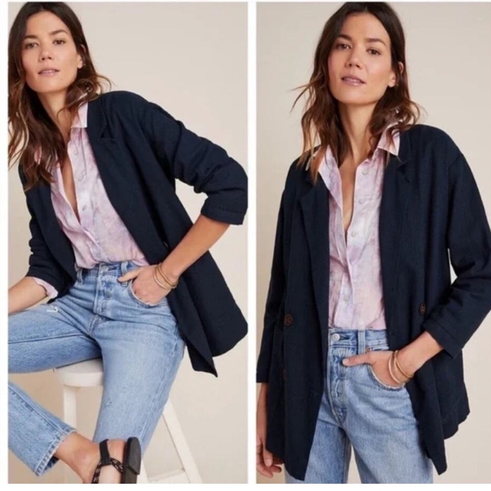 Anthropologie Amadi Double Breasted Linen Blazer Small Lagenlook Academia Blue